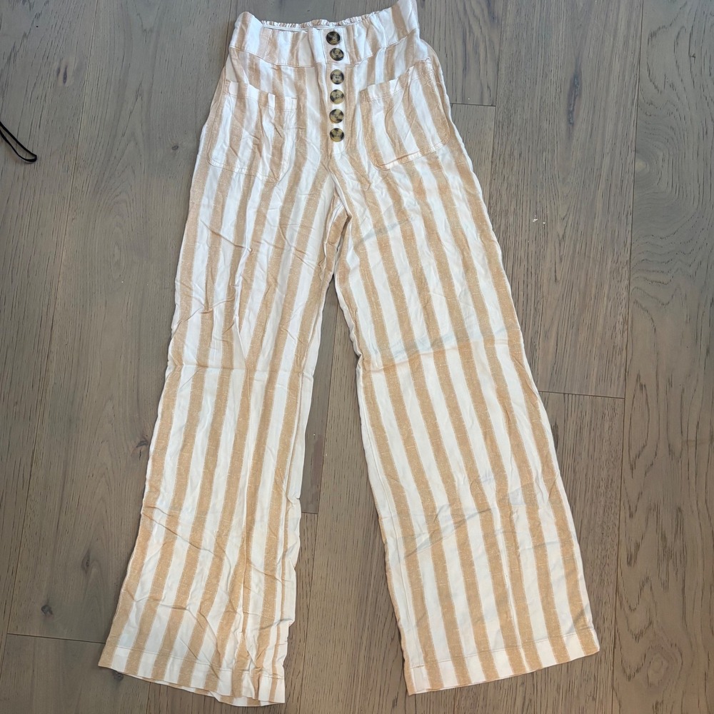 Striped‎ Button Front Wide Leg Pants Tan Cream Boho Casual